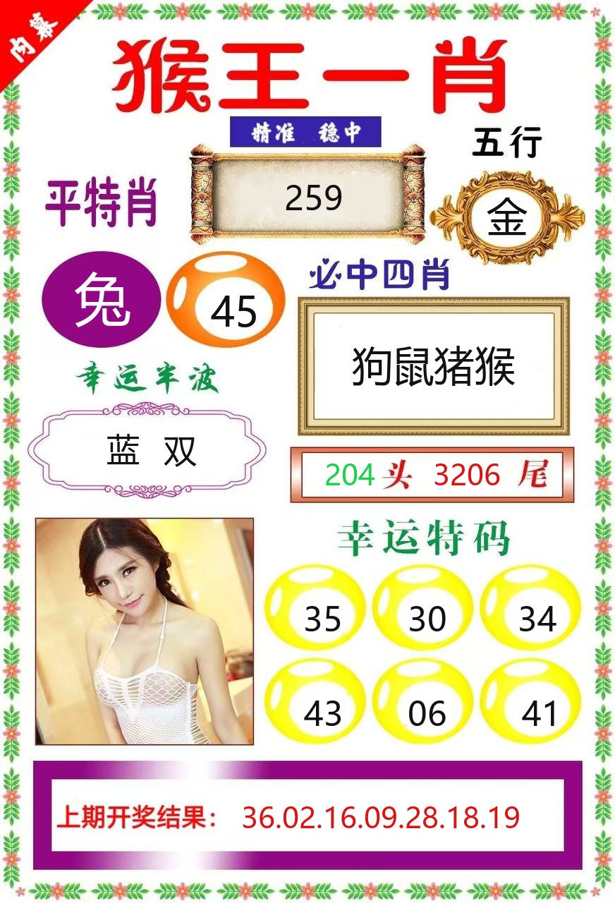 快乐49猴王一肖资料图